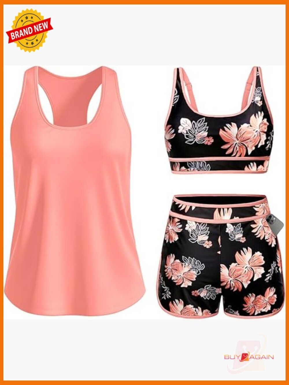 3 Piece Tankini Swimsuit Set Tummy Control High Waisted Boy Shorts UPF 15